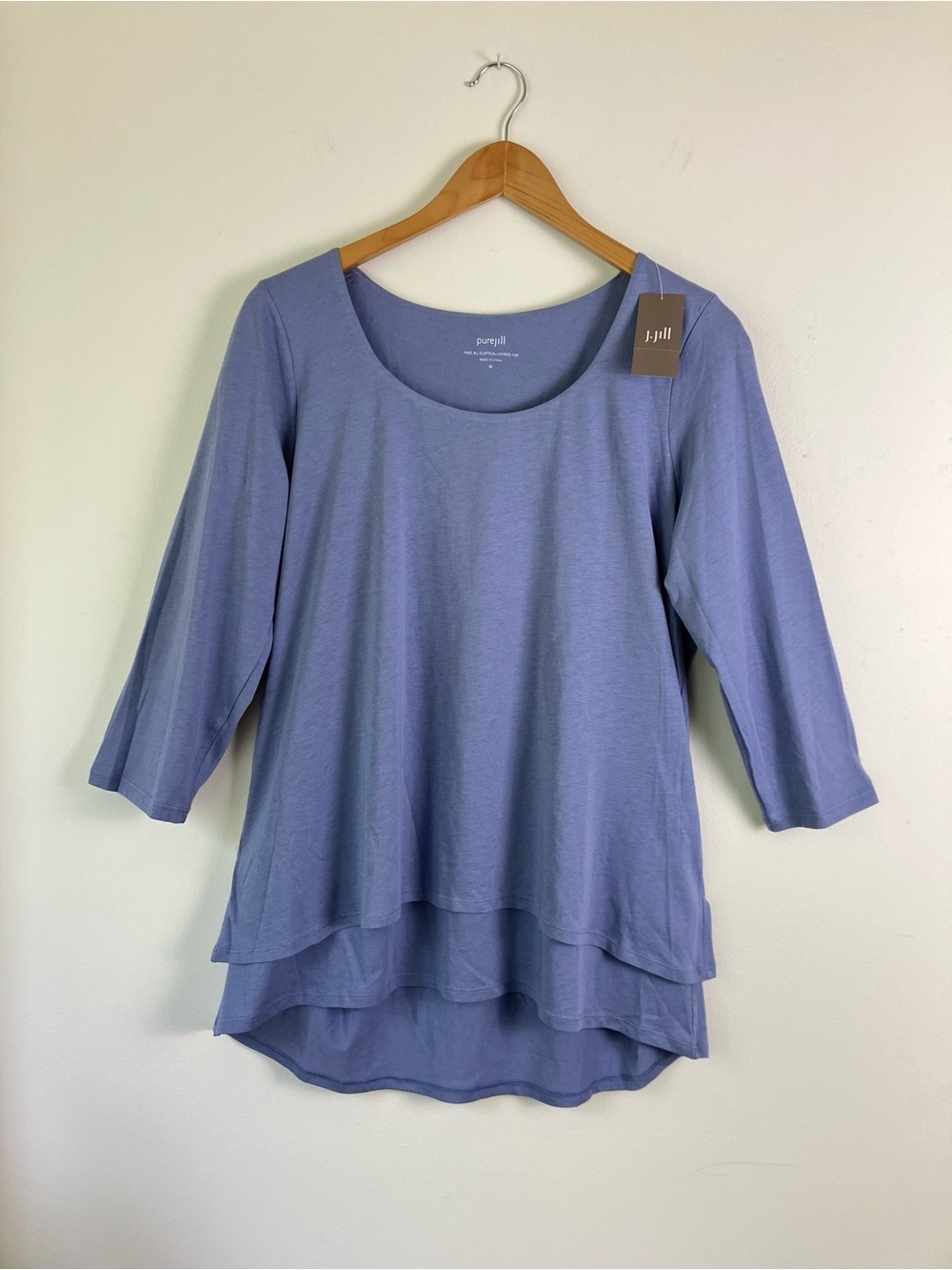 Pure Jill Elliptical Layered Top Bluebell M Cotton Modal Hi Low 3/4 Sleeve NWT
